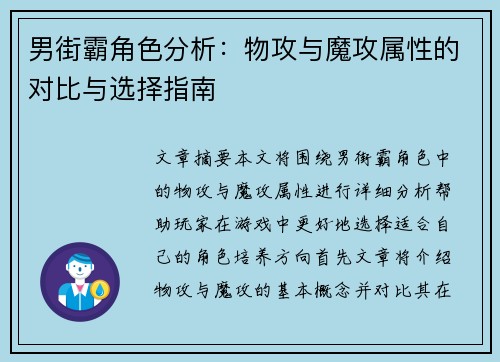 男街霸角色分析：物攻与魔攻属性的对比与选择指南
