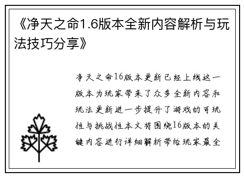 《净天之命1.6版本全新内容解析与玩法技巧分享》